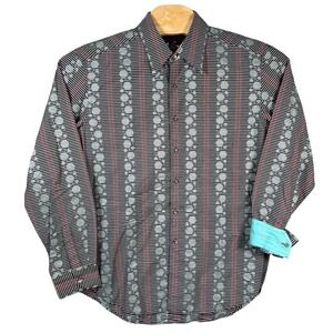 Robert Graham Button Down Shirt Mens Large Black Red Teal Striped Silk Trim